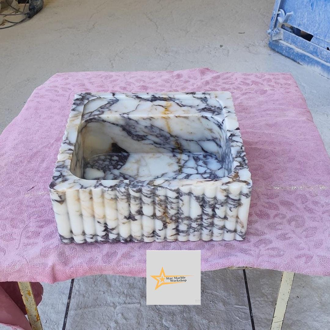 Calacatta Viola Marble Sink Wall Mounted Sink Farmhouse Sink Powder Room Sink  Hand Carved Marble Sink Concealed Drain Sink Sink vanity
