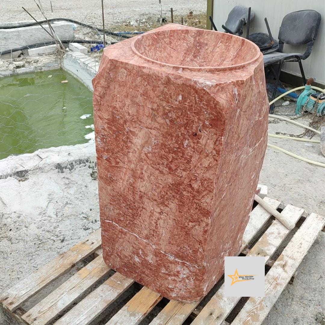 Red Travertine Vertical Sink Farmhouse Sink Toilet Room Sink Hand Carved Marble Sink Bathroom Sink Natural Stone Sink Shapeless Sink
