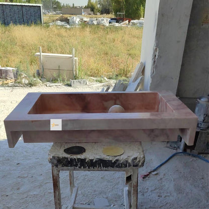 Handmade Pink Marble Sink Vessel Sink Wall-Mounted or Countertop Basin Natural Stone Rectangular Washbasin Marble Sink chiseled sink sink