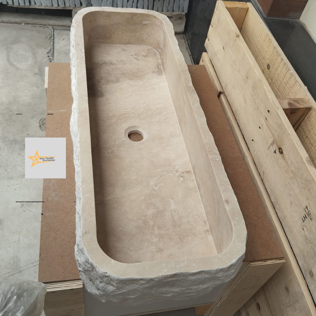 Hand Carved Travertine Marble Sink: Farmhouse Bathroom Vanity (36.2in x 12.5in x 5.9in)