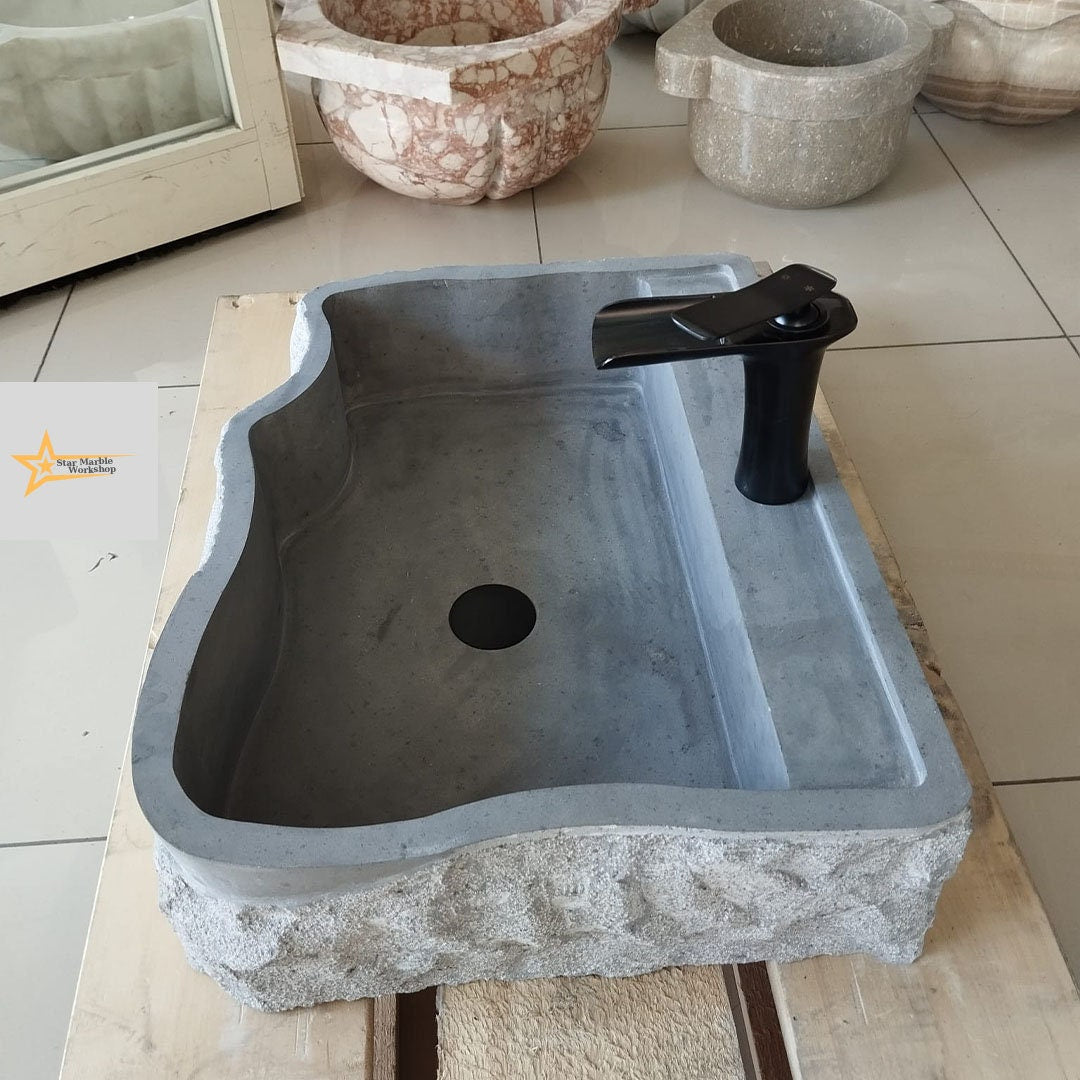 Basalt Black Stone Sink - With Faucet Hole - 100% Natural Stone - Handmade - Stone Sink - Bathroom Design - Wall Mounted Sink