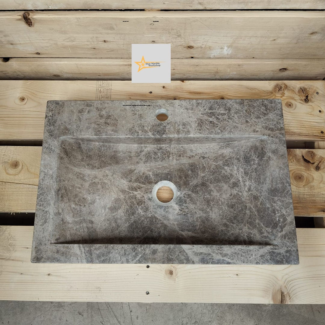 Ready To Ship Dark Emperador Marble Sink With Faucet Hole Farmhouse Sink Powder Room Sink Calacatta Sink  Hand Carved Marble Sink