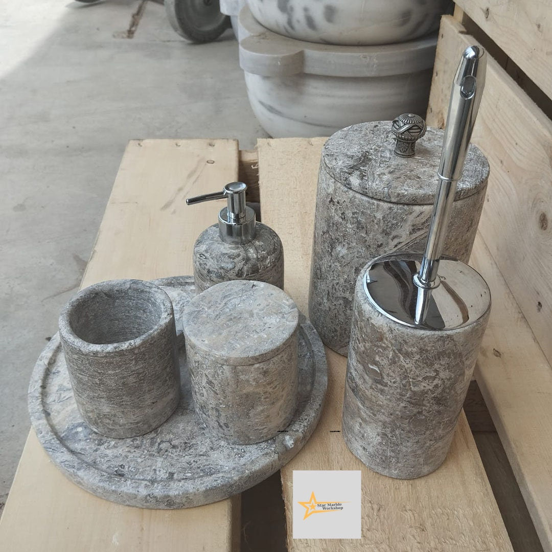 Ready to ship silver travertine bathroom set Luxury bathroom Marble bathroom set 7 piece bathroom design set