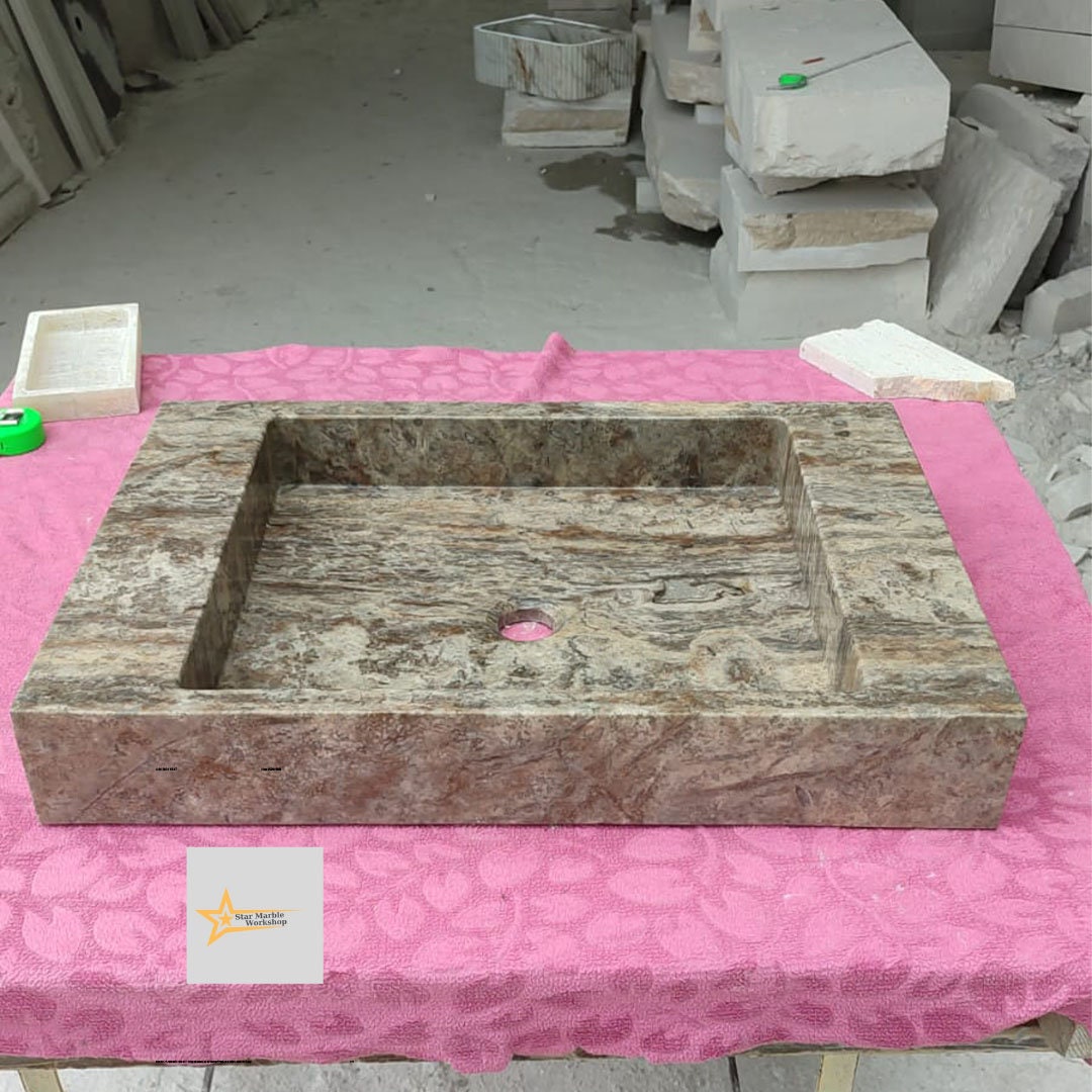 Ready to Ship Silver Travertine Sink Marble Washbasin Wall Mounted Sink  Powder Room Sink Hand Carved Marble Sink Bathroom Sink