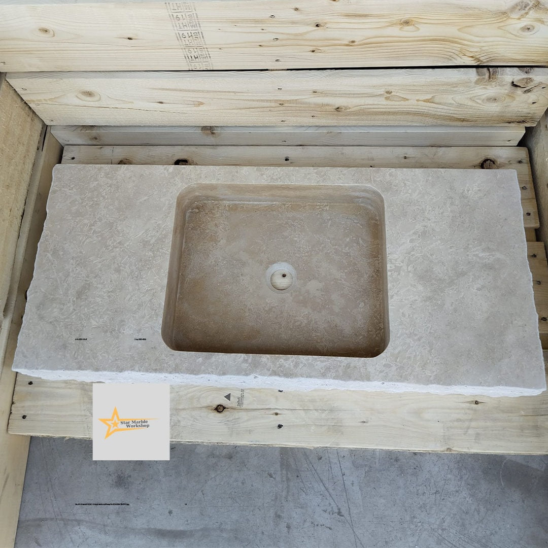 Ready to Ship Travertine Sink Wall Mounted Sink Farmhouse Sink Powder Room Sink Calacatta Sink Hand Carved Marble Sink Bathroom Sink