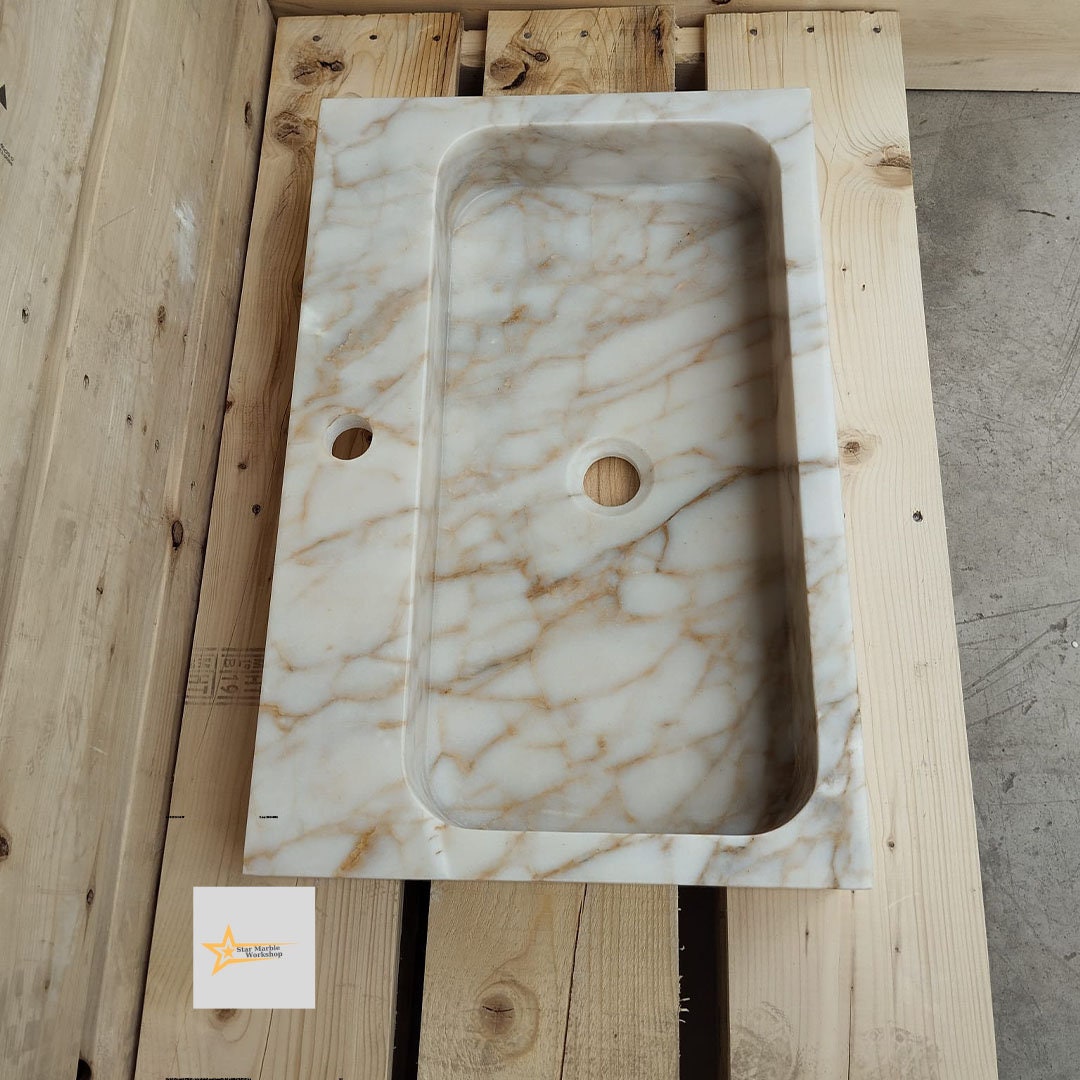 Calacatta Gold Rectangular Sink, Sink With Faucet Hole Farmhouse Sink Powder Room Sink Calacatta Sink  Hand Carved Marble Sink Washbasin