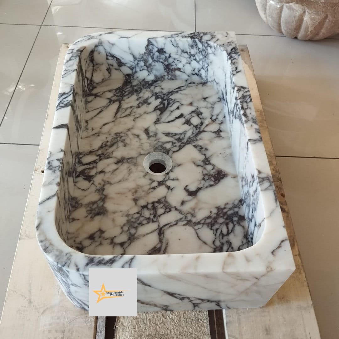 Ready To Ship Calacatta Viola Marble Sink Wall Mounted Sink Farmhouse Sink Powder Room Sink Calacatta Sink  Hand Carved Marble Sink