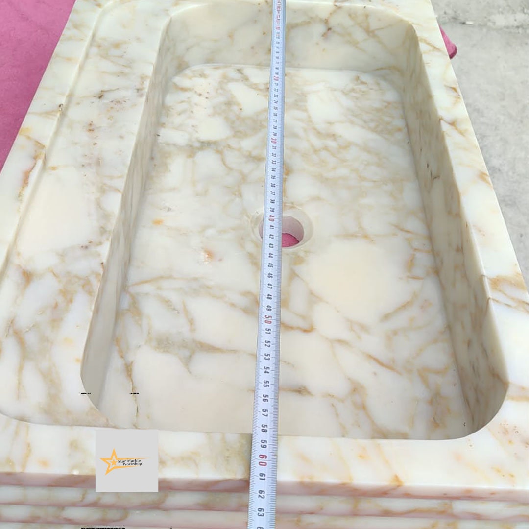 Ready To Ship Calacatta Gold Rectangular Sink Wall Mounted Sink Powder Room Sink Calacatta Sink  Hand Carved Marble Sink Marble Washbasin