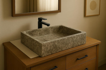 Ready to Ship Silver Travertine Sink Sink with Concealed Drain  Farmhouse Sink Powder Room Sink  Hand Carved Marble Sink Bathroom Sink