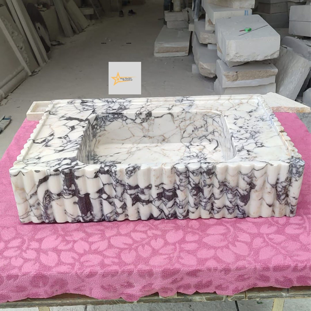 Ready To Ship Calacatta Viola Marble Sink Wall Mounted Sink Farmhouse Sink Powder Room Sink Calacatta Sink  Hand Carved Marble Sink