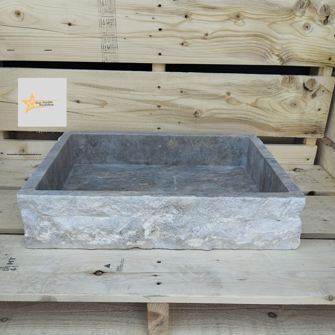 Ready to Ship Silver Travertine Sink Farmhouse Sink Powder Room Sink Hand Carved Marble Sink Bathroom Sink Natural Stone