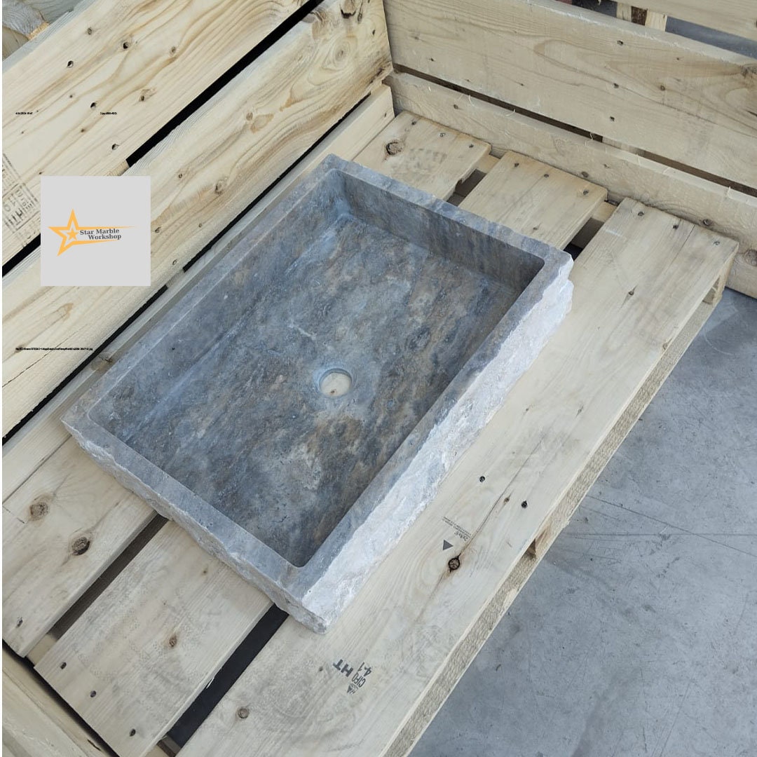 Ready to Ship Silver Travertine Sink Farmhouse Sink Powder Room Sink Hand Carved Marble Sink Bathroom Sink Natural Stone