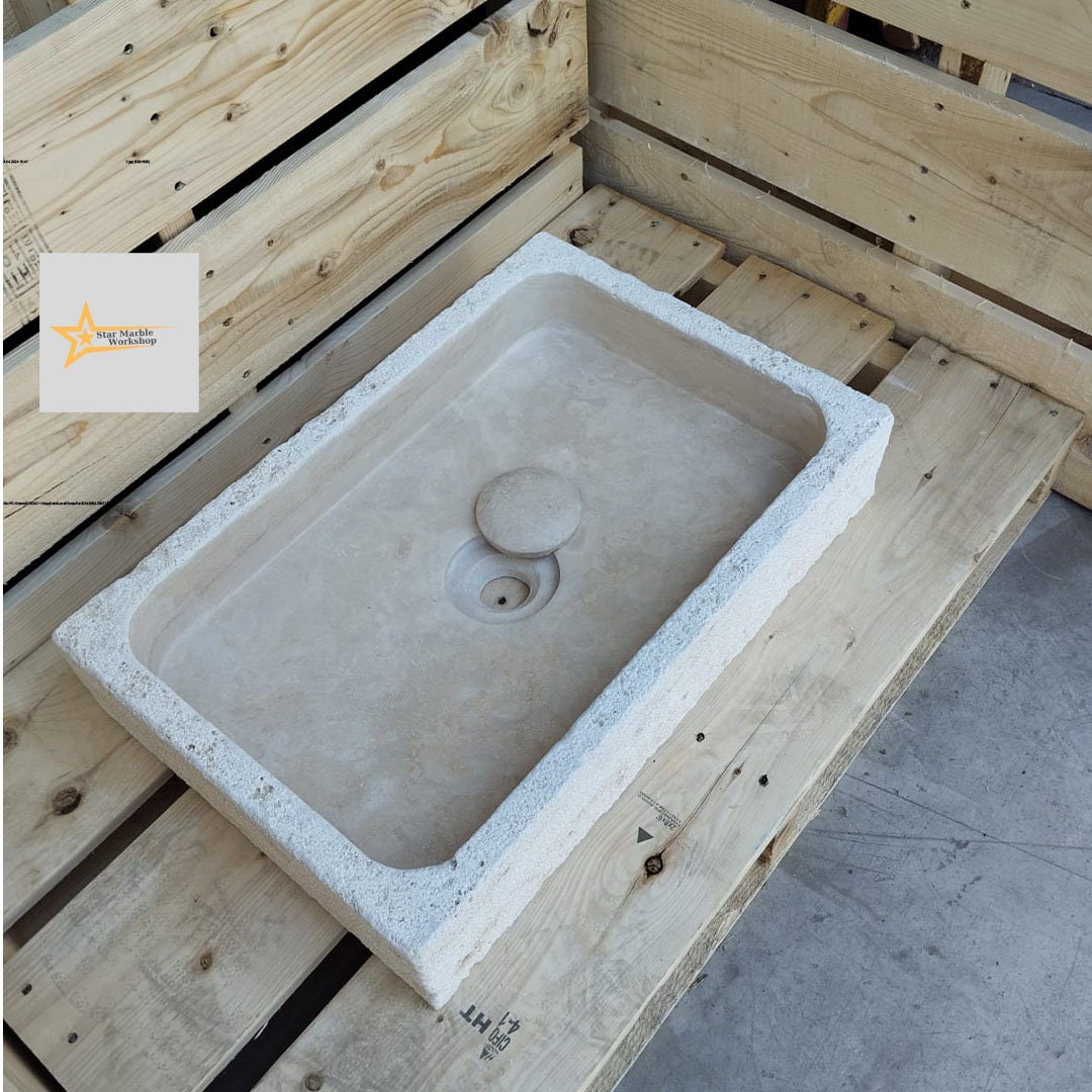 Handmade Travertine Stone Sink – Wall Mounted, Rustic & Modern Bathroom Design