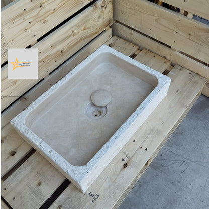 Handmade Travertine Stone Sink – Wall Mounted, Rustic & Modern Bathroom Design