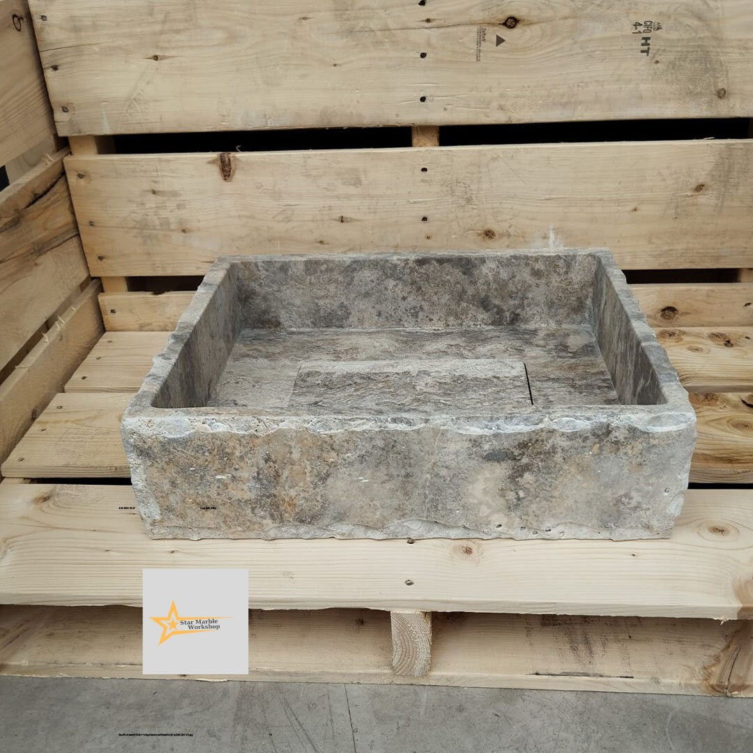 Ready to Ship Silver Travertine Sink Sink with Concealed Drain  Farmhouse Sink Powder Room Sink  Hand Carved Marble Sink Bathroom Sink