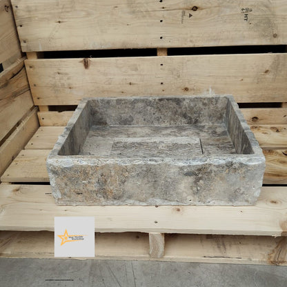 Ready to Ship Silver Travertine Sink Sink with Concealed Drain  Farmhouse Sink Powder Room Sink  Hand Carved Marble Sink Bathroom Sink