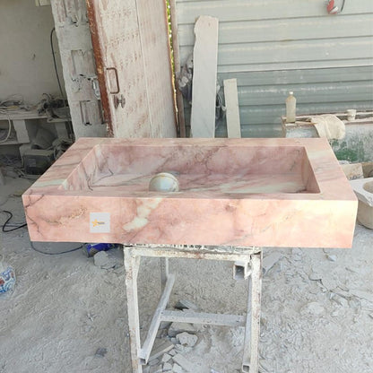 Handmade Pink Marble Sink Vessel Sink Wall-Mounted or Countertop Basin Natural Stone Rectangular Washbasin Marble Sink chiseled sink sink