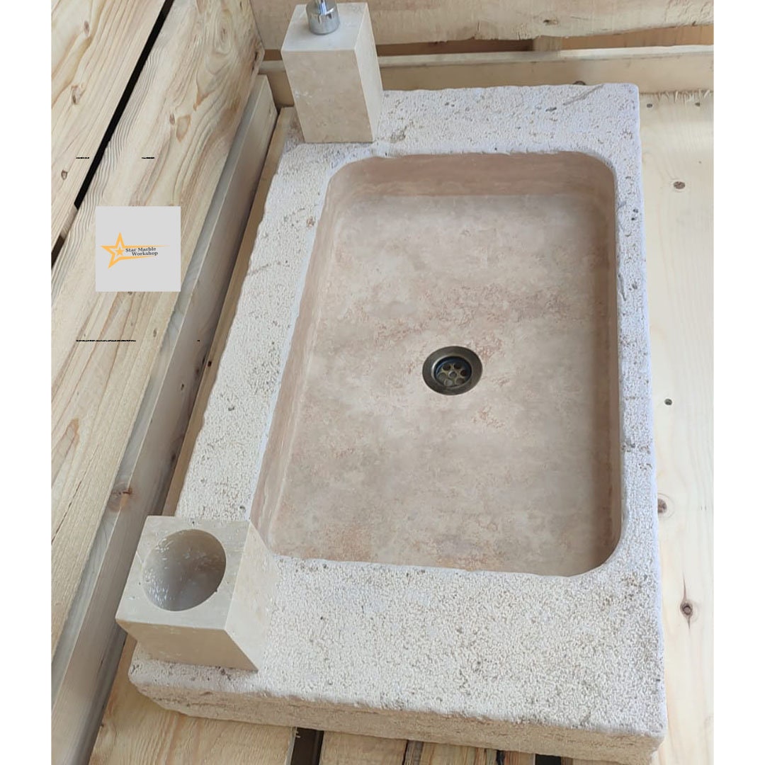 Ready to Ship Travertine Sink Wall Mounted Sink Farmhouse Sink Powder Room Sink Calacatta Sink Hand Carved Marble Sink Bathroom Sink