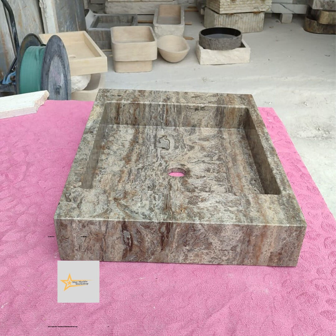 Ready to Ship Silver Travertine Sink Marble Washbasin Wall Mounted Sink  Powder Room Sink Hand Carved Marble Sink Bathroom Sink