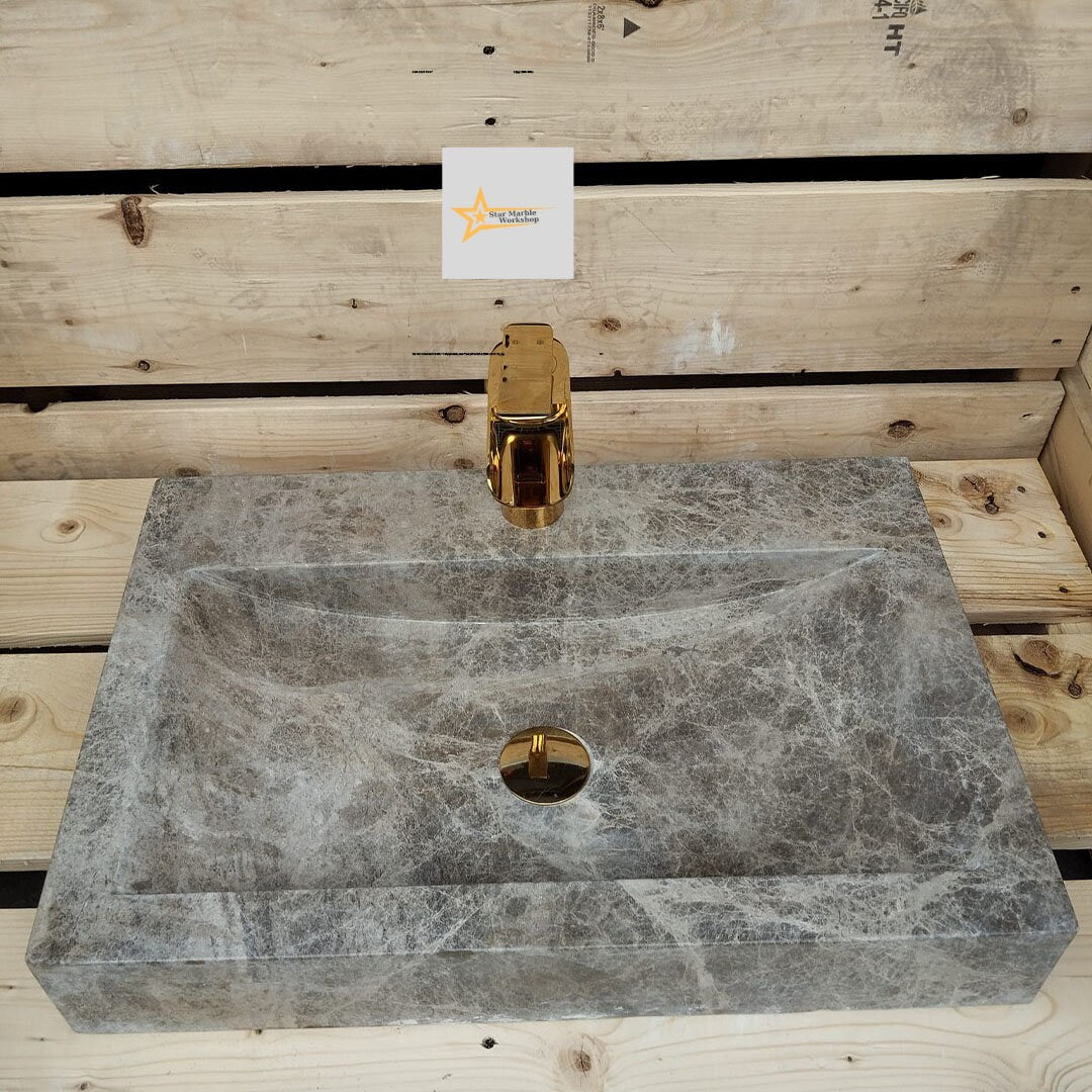 Ready To Ship Dark Emperador Marble Sink With Faucet Hole Farmhouse Sink Powder Room Sink Calacatta Sink  Hand Carved Marble Sink