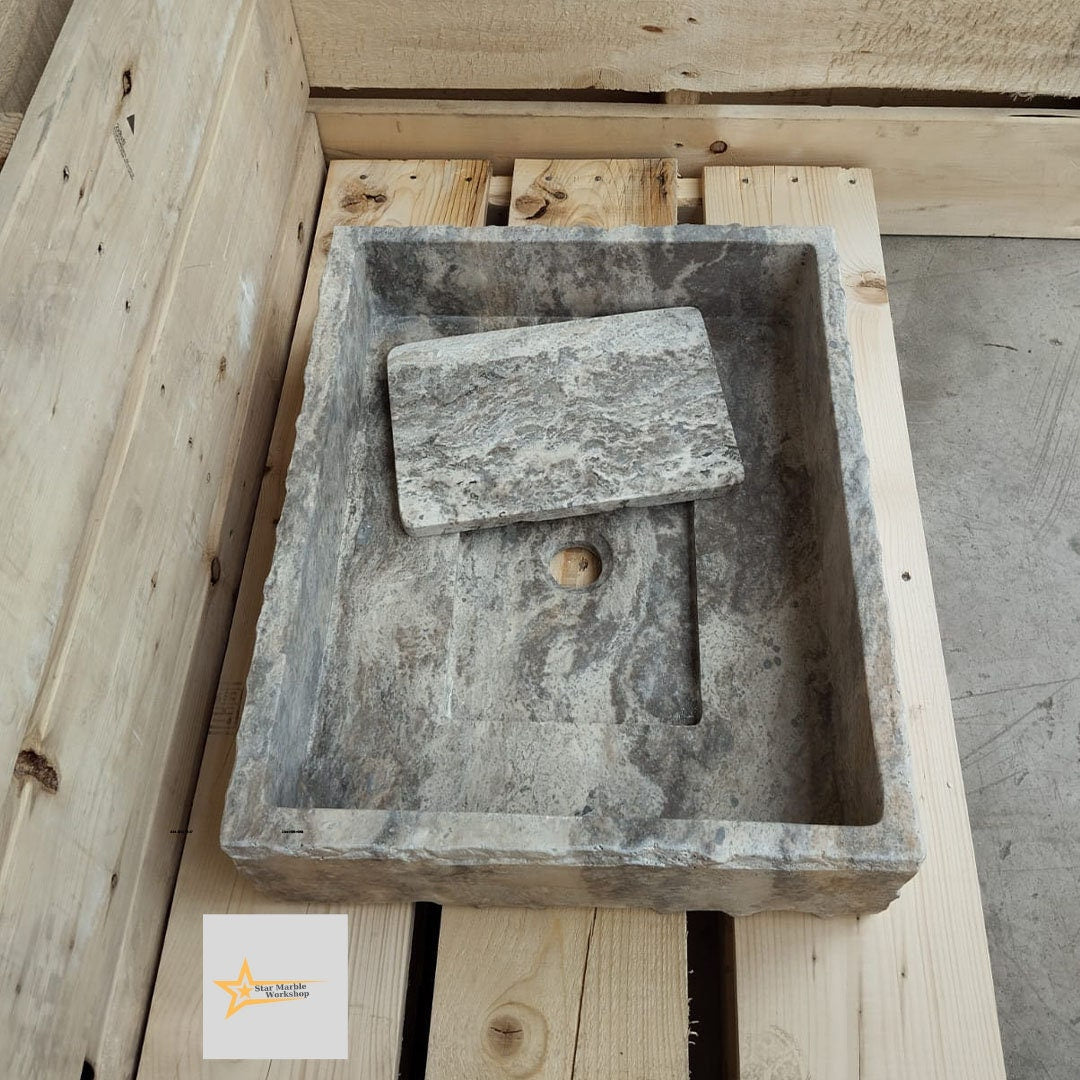 Ready to Ship Silver Travertine Sink Sink with Concealed Drain  Farmhouse Sink Powder Room Sink  Hand Carved Marble Sink Bathroom Sink