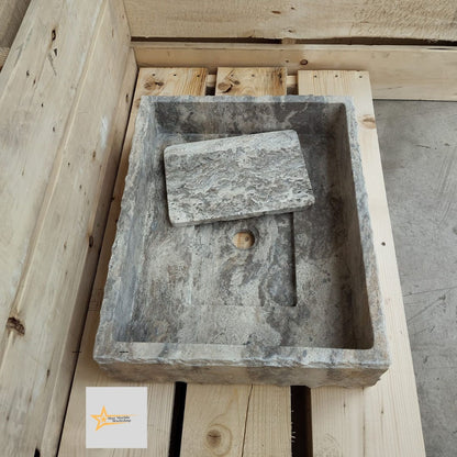 Ready to Ship Silver Travertine Sink Sink with Concealed Drain  Farmhouse Sink Powder Room Sink  Hand Carved Marble Sink Bathroom Sink