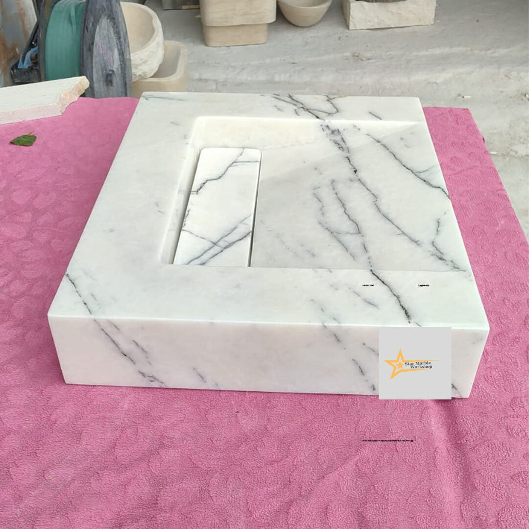 Ready To Ship Calacatta Viola Marble Sink Wall Mounted Sink Farmhouse Sink Calacatta Sink Hand Carved Marble Sink Hidden Drain Wash Basin