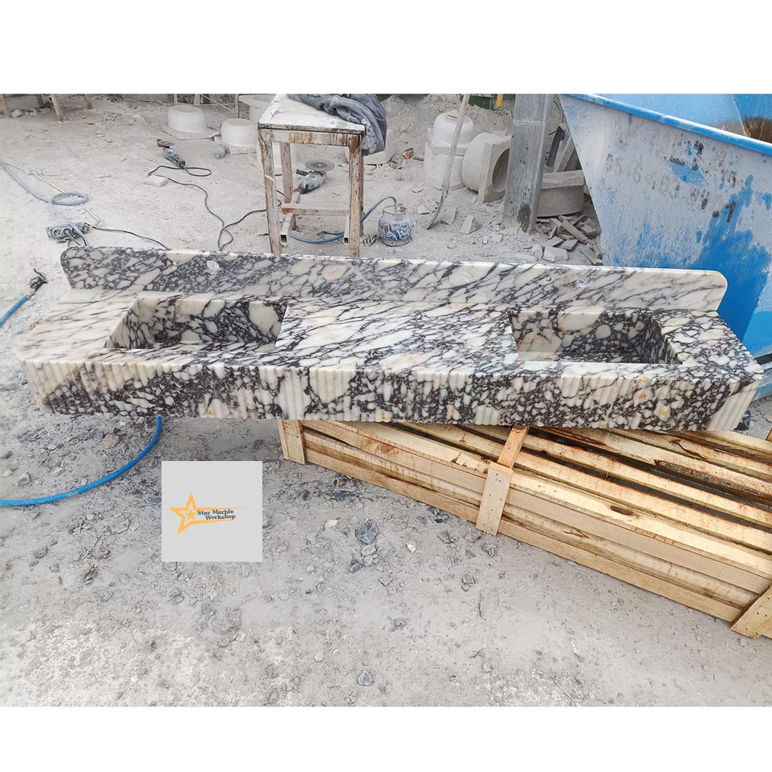 Handmade Calacatta Viola Marble Double Sink – Luxury Bathroom Basin, Wall-Mounted or Countertop Natural Stone Vanity