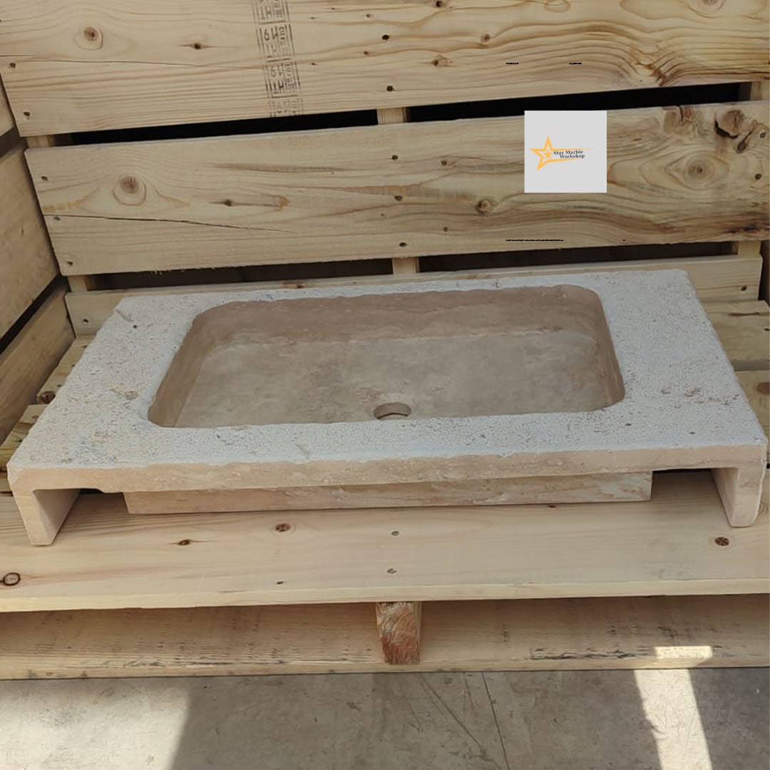Ready to Ship Travertine Sink Wall Mounted Sink Farmhouse Sink Powder Room Sink Calacatta Sink Hand Carved Marble Sink Bathroom Sink