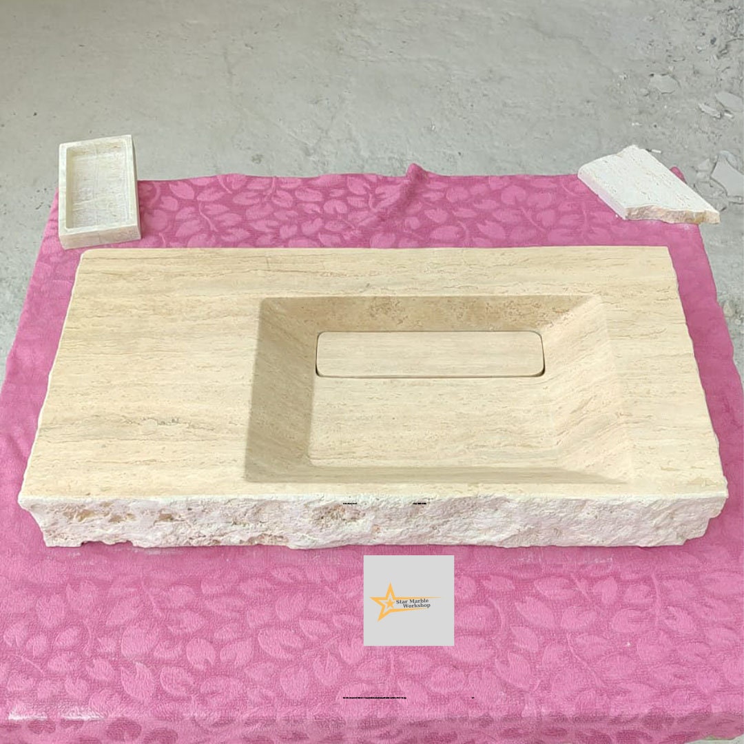 Handmade Travertine Stone Sink – Wall Mounted, Rustic & Modern Bathroom Design