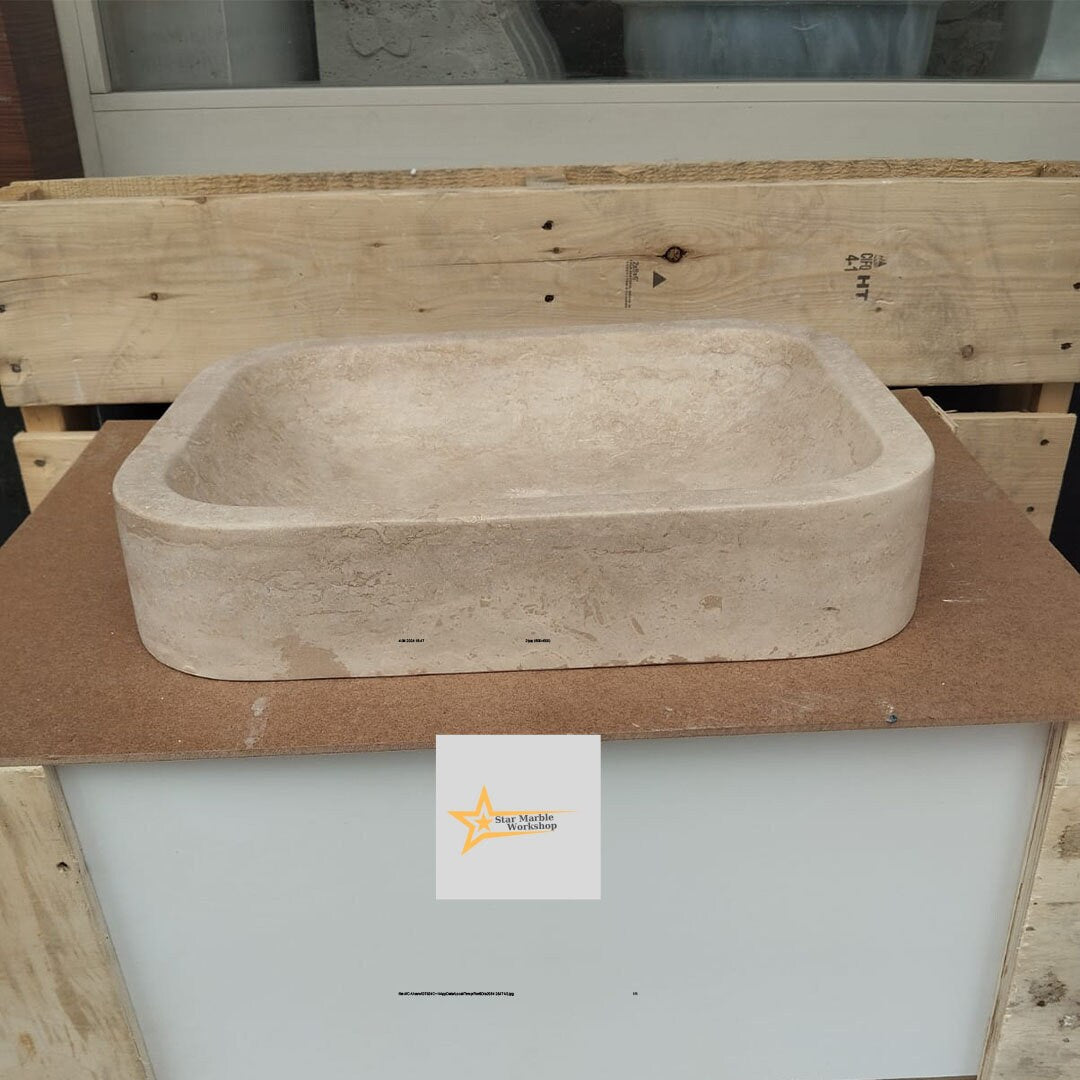 Hand Carved Travertine Marble Sink: Farmhouse Bathroom Vanity (W19.6" x D15.7" x H3.9")