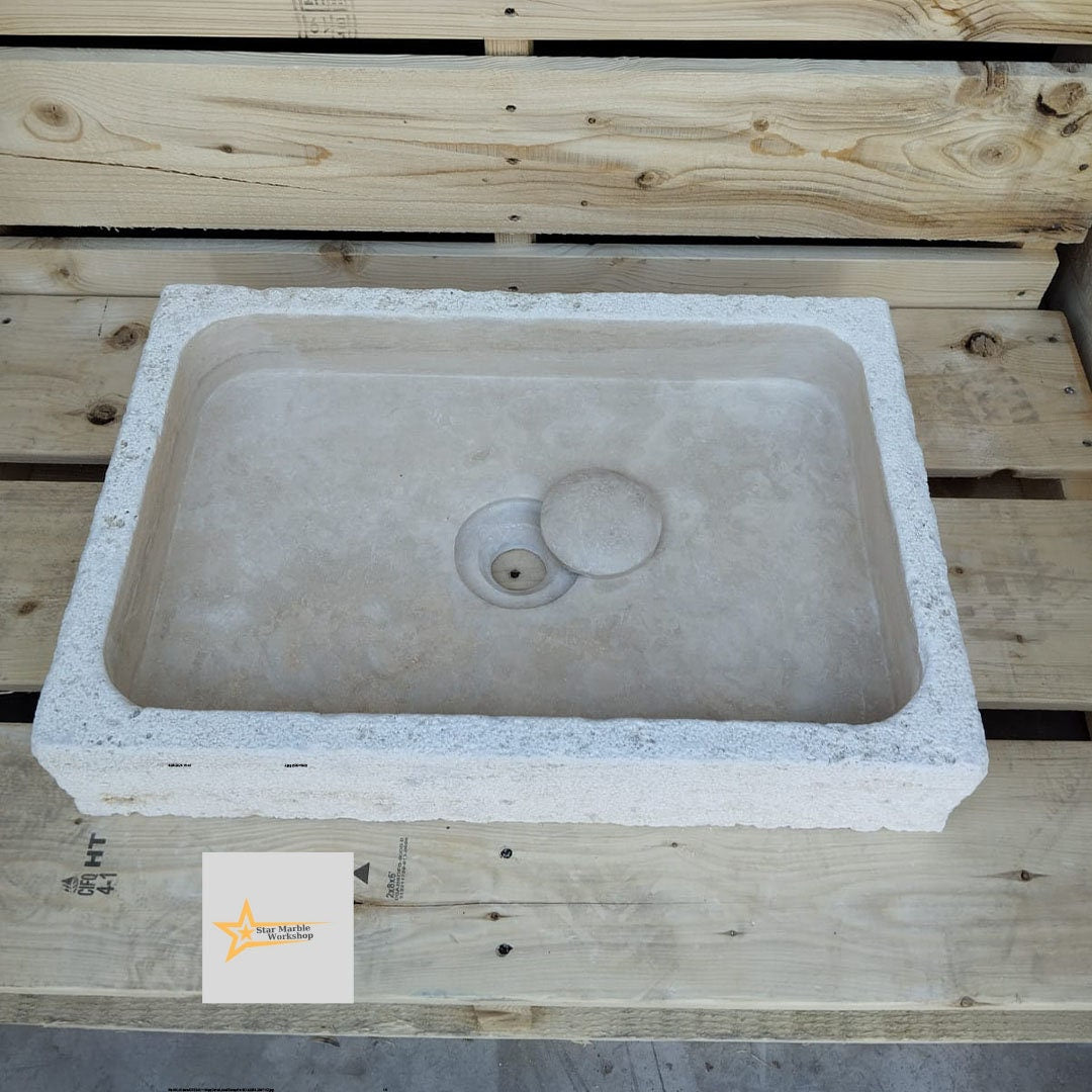 Handmade Travertine Stone Sink – Wall Mounted, Rustic & Modern Bathroom Design