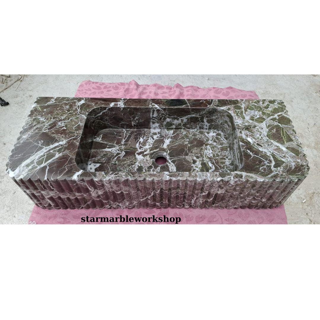 Hand-Carved Marble Sink, Grooved Sink, Wall-Mounted Sink, Luxury Design, Bathroom Sink, Colorful Sinks, Purple Sink, Minimalist Sink,