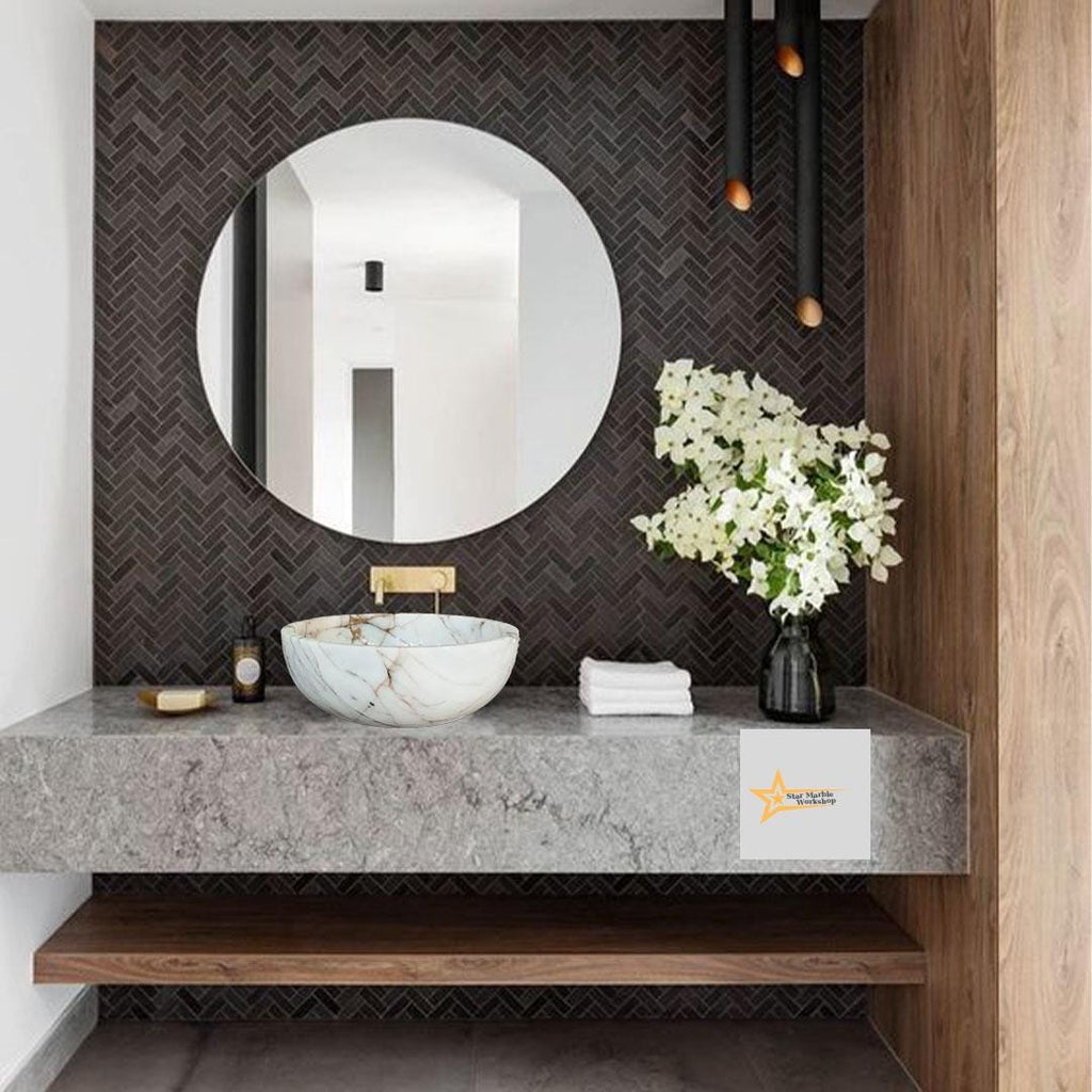 Ready to Ship Gold Calacatta Round Sink Counter Top Sink Toilet Room Sink Calacatta Sink Hand Carved Marble Sink Marble Sink Sink vanity