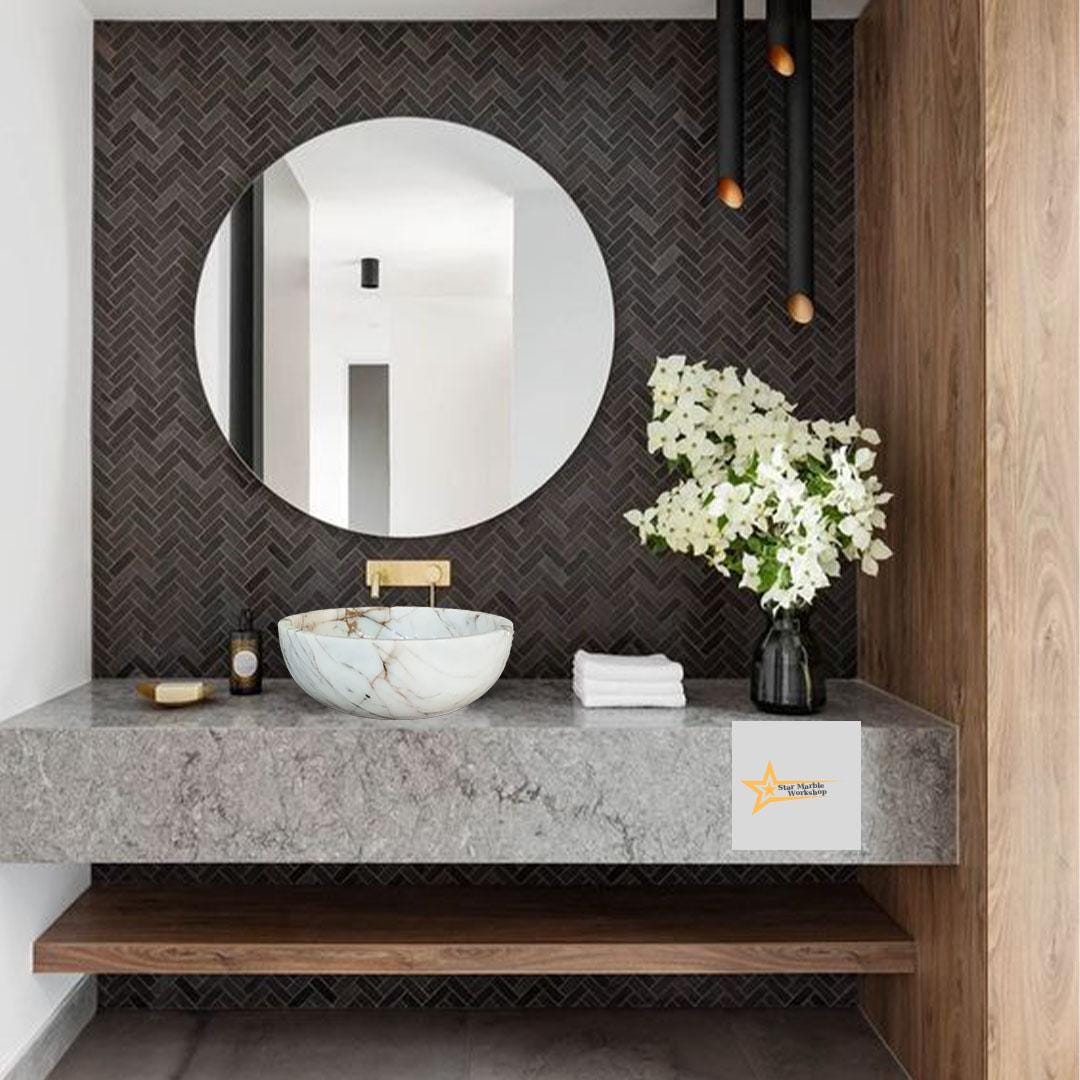 Ready to Ship Gold Calacatta Round Sink Counter Top Sink Toilet Room Sink Calacatta Sink Hand Carved Marble Sink Marble Sink Sink vanity