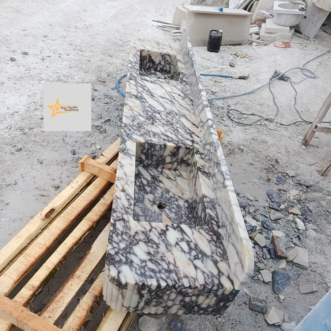 Handmade Calacatta Viola Marble Double Sink – Luxury Bathroom Basin, Wall-Mounted or Countertop Natural Stone Vanity