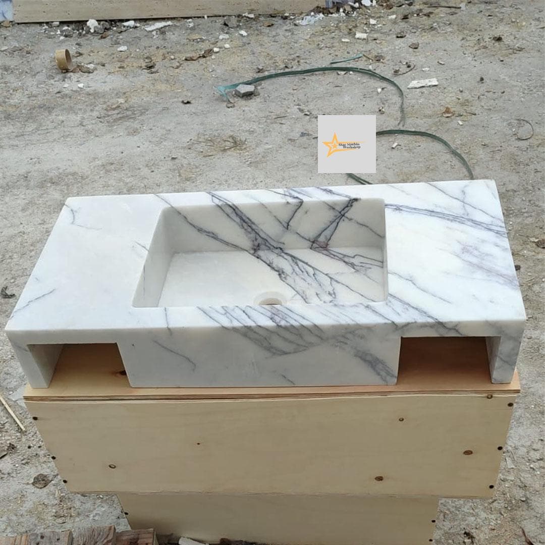 Calacatta Lilac Rectangular Sink, Wall Mounted Sink, Farmhouse Sink, Powder Room Sink, Calacatta Sink, Hand Carved Marble Sink, Sink