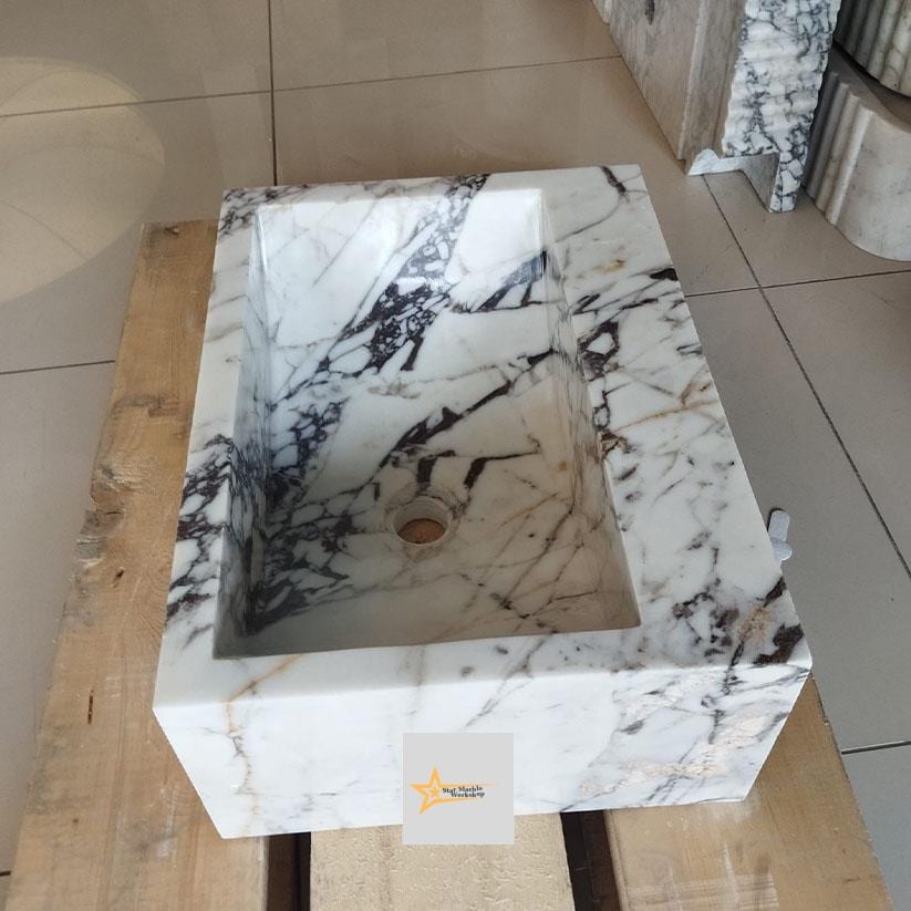 Calacatta Viola Marble Sink Wall Mounted Sink Farmhouse Sink Toilet Room Sink Calacatta Sink Hand Carved Marble Sink Marble Sink