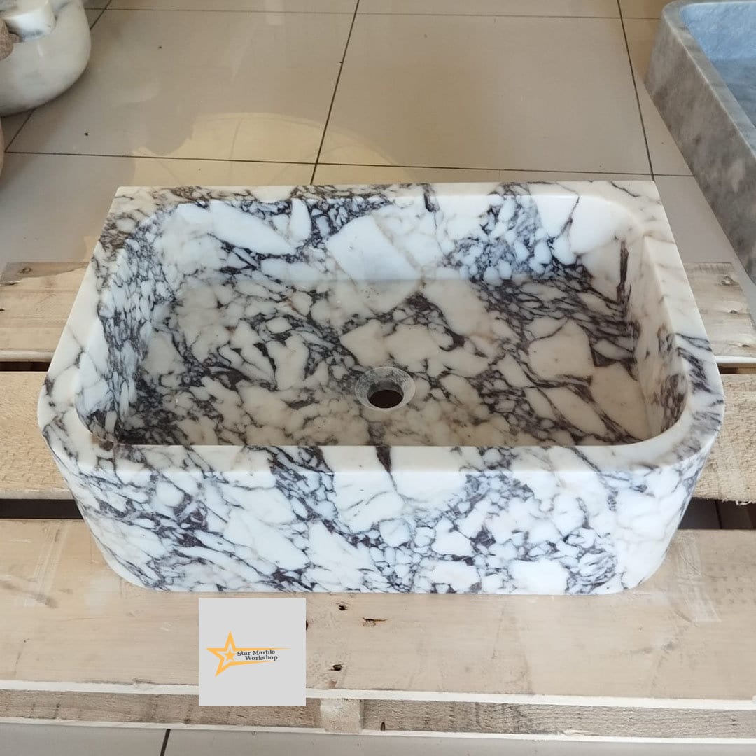 Ready To Ship Calacatta Viola Marble Sink Wall Mounted Sink Farmhouse Sink Powder Room Sink Calacatta Sink  Hand Carved Marble Sink