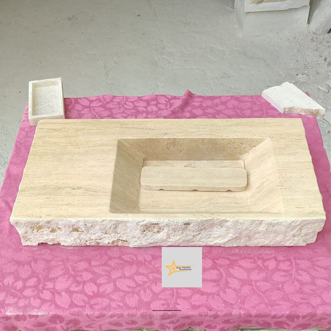 Handmade Travertine Stone Sink – Wall Mounted, Rustic & Modern Bathroom Design