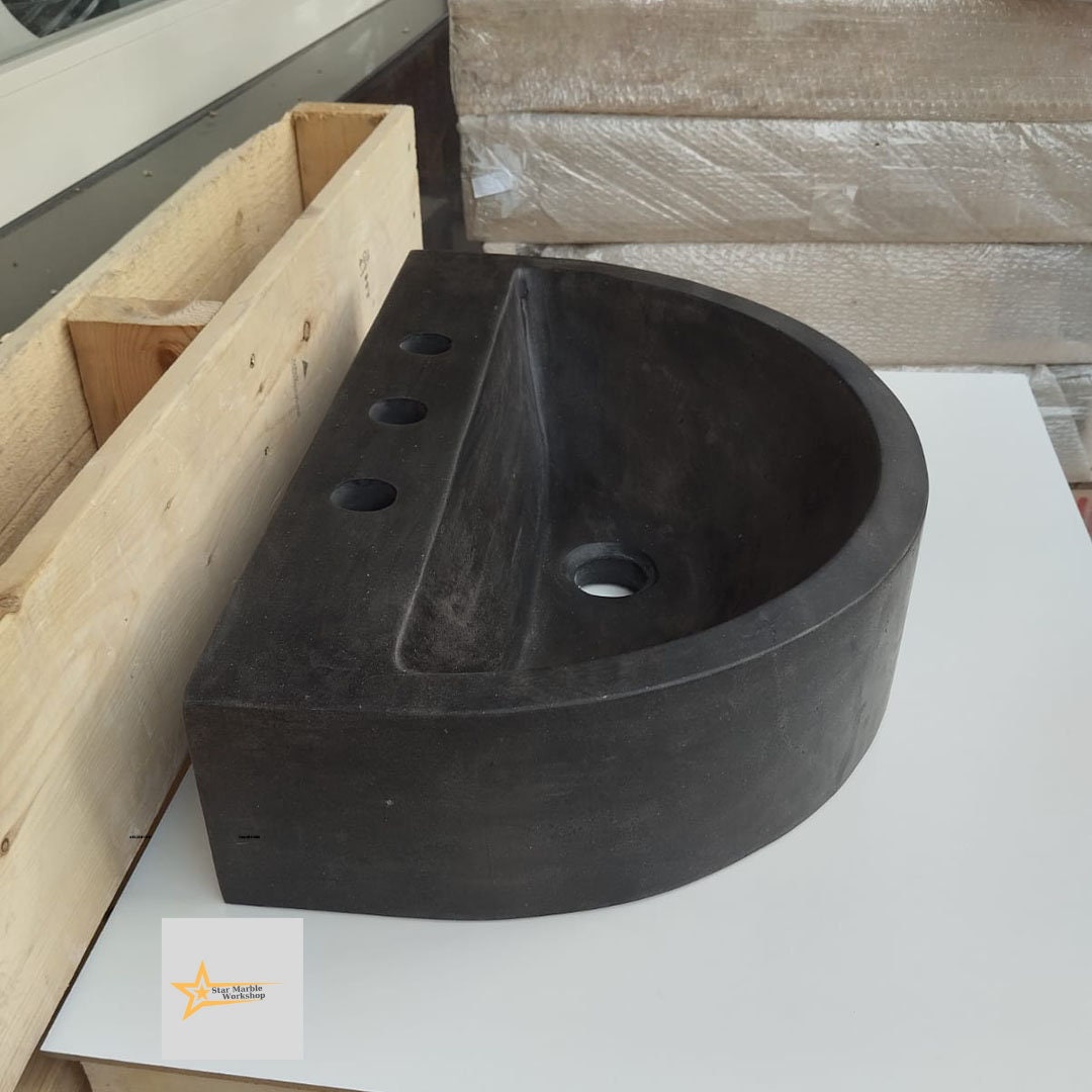 Basalt Black Stone D Design Sink With Faucet Hole 100% Natural Stone   Matte Black Sink Stone Sink Bathroom Design Sink vanity Handmade Sink