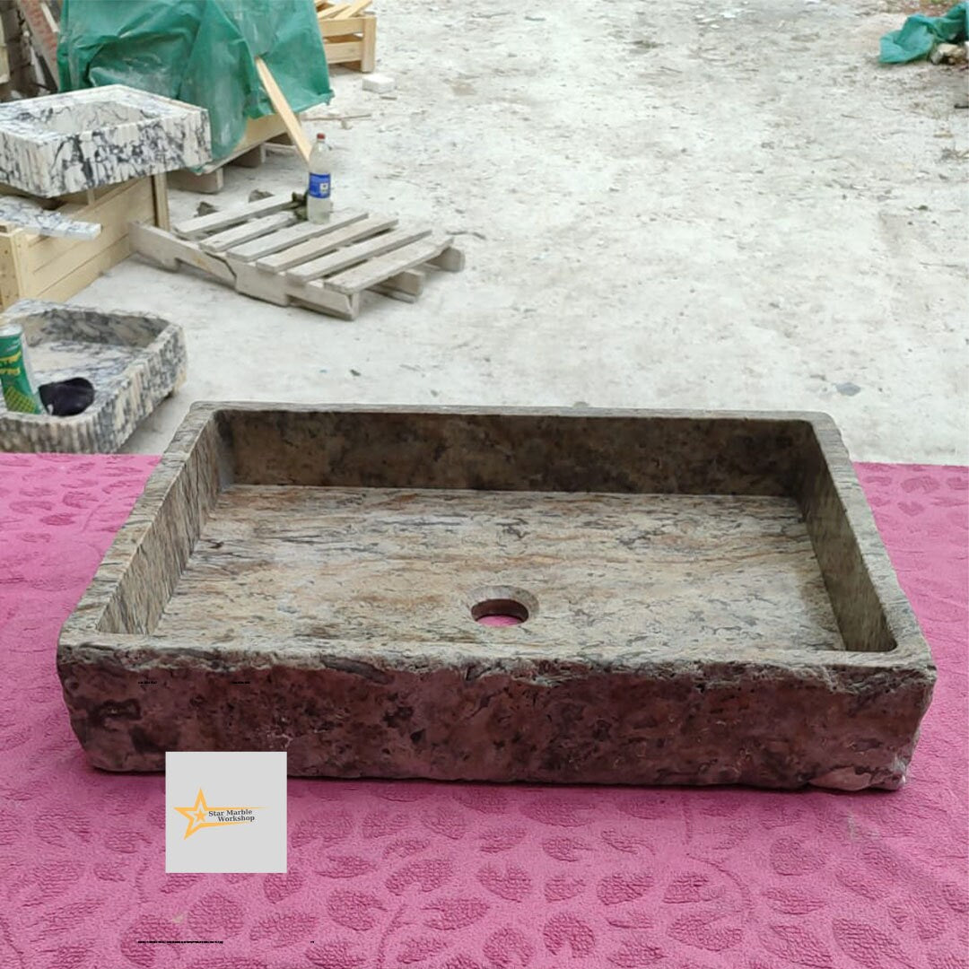 Ready to Ship Silver Travertine Sink Marble Washbasin Countertop Sink  Powder Room Sink Hand Carved Marble Sink Bathroom Sink