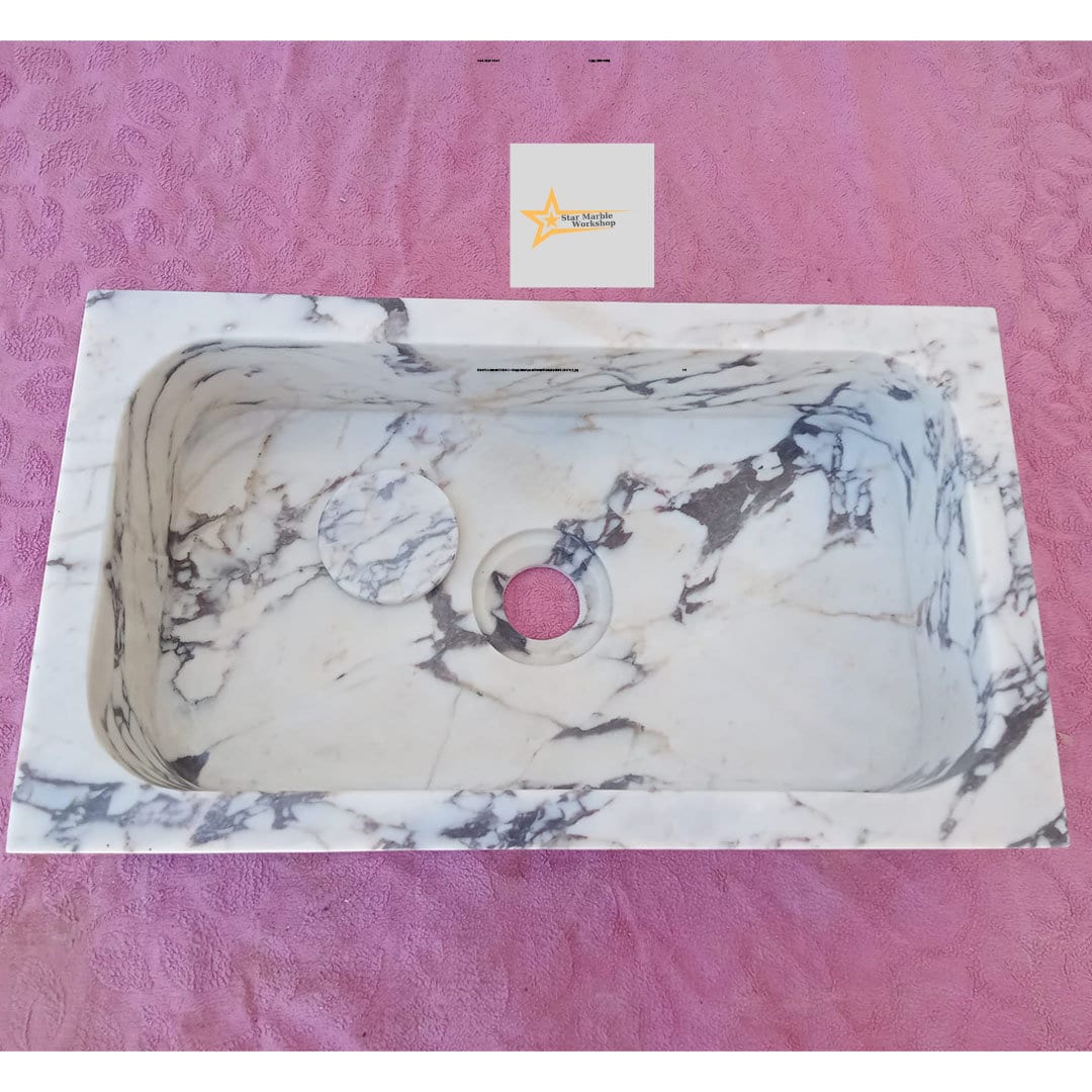 Hand Carved Calacatta Viola Marble Sink: Farmhouse Powder Room Vanity