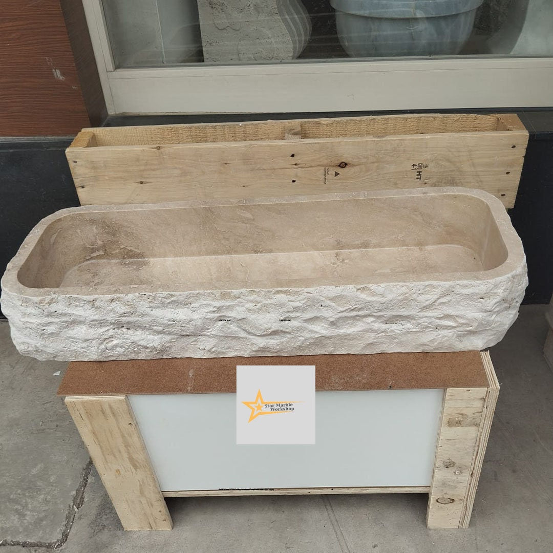 Hand Carved Travertine Marble Sink: Farmhouse Bathroom Vanity (36.2in x 12.5in x 5.9in)