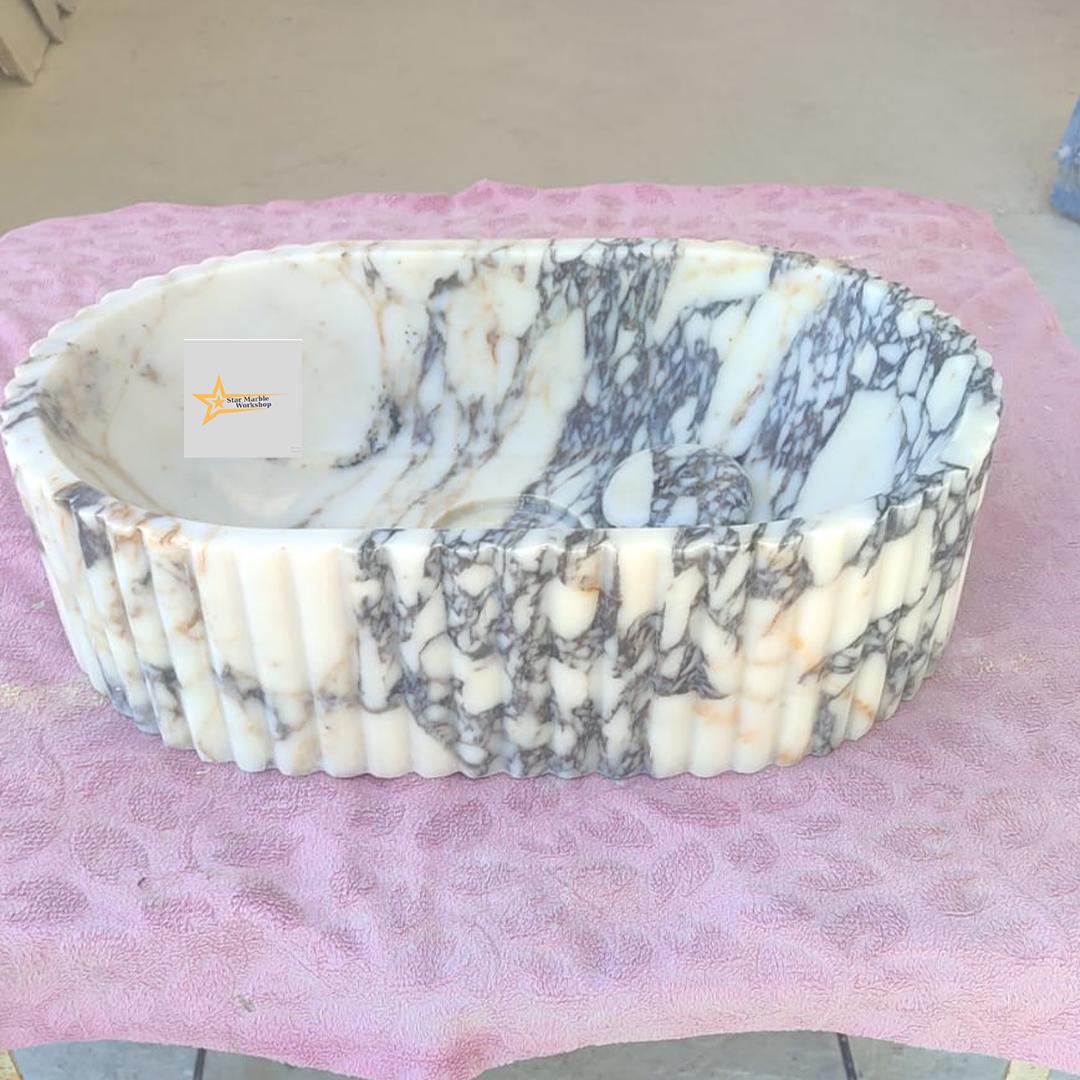 Calacatta Viola Marble Sink Wall Mounted Sink Farmhouse Sink Powder Room Sink  Hand Carved Marble Sink Concealed Drain Sink Sink vanity