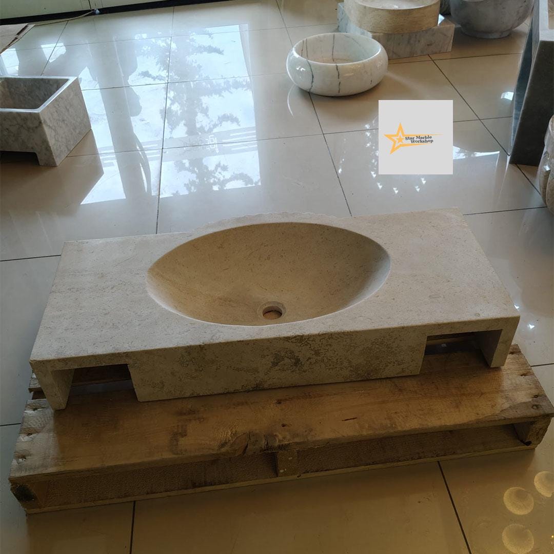 Handmade Travertine Stone Sink – Wall Mounted, Rustic & Modern Bathroom Design