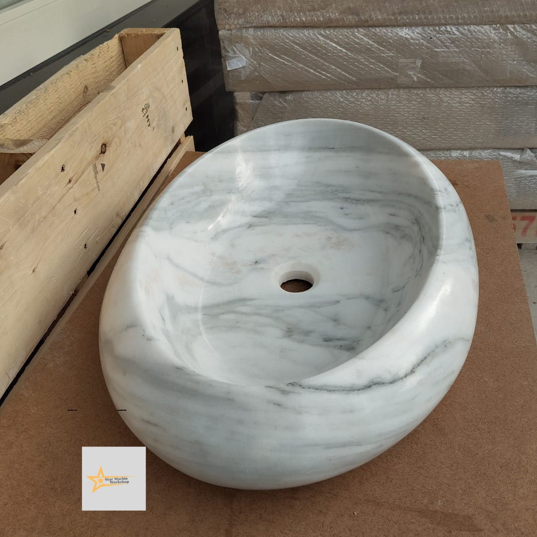 Ready to ship Carrera White Marble Ellipse Sink Farmhouse Sink Powder Room Sink Countertop Sink Hand Carved Marble Sink Sink vanity