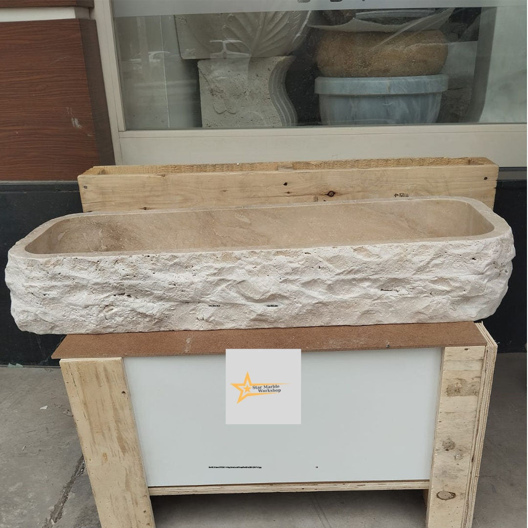 Hand Carved Travertine Marble Sink: Farmhouse Bathroom Vanity (36.2in x 12.5in x 5.9in)