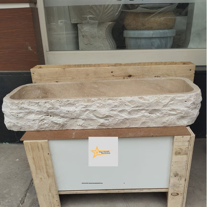 Hand Carved Travertine Marble Sink: Farmhouse Bathroom Vanity (36.2in x 12.5in x 5.9in)