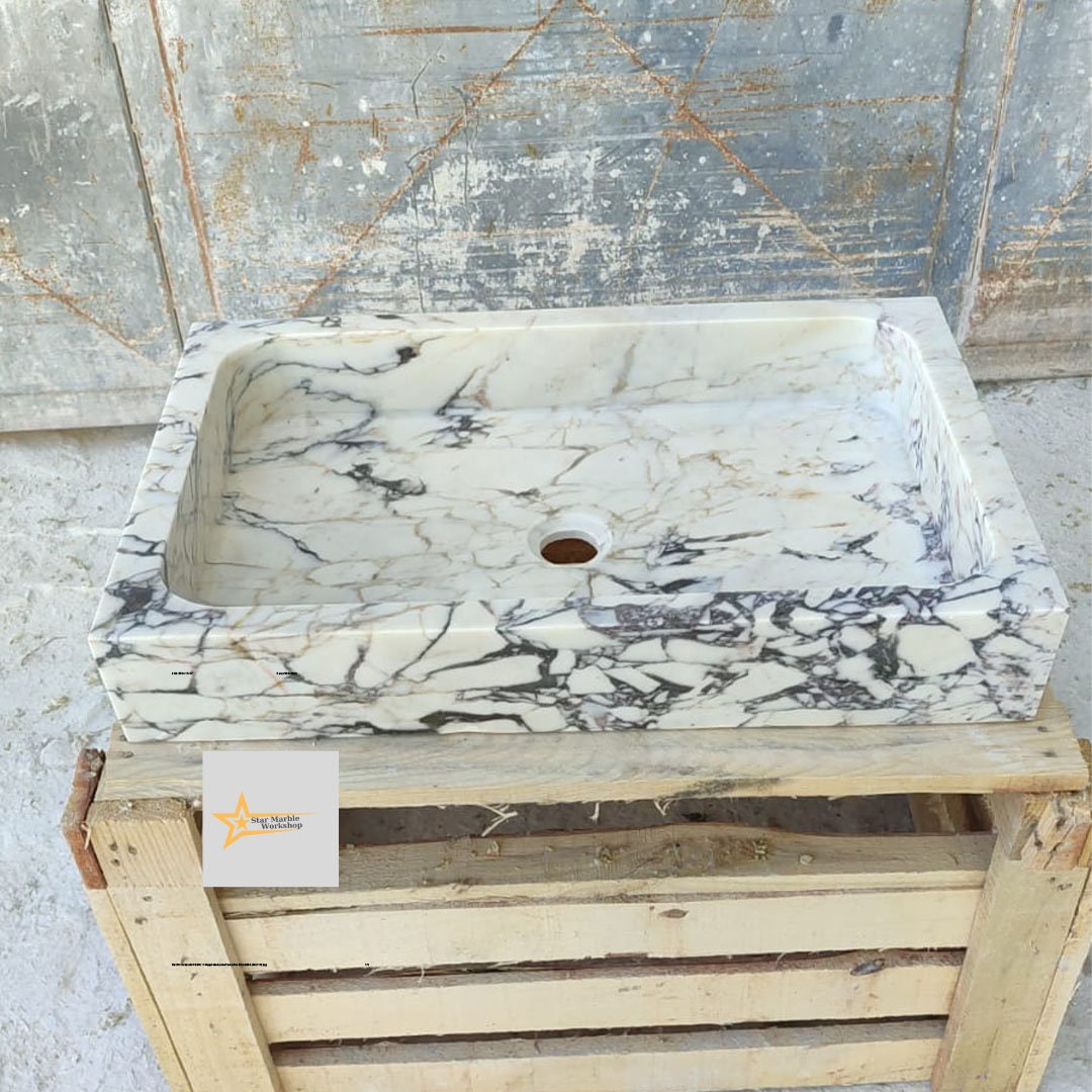 Ready to Ship Calacatta Viola Marble Sink Counter Top Sink Farmhouse Sink Powder Room Sink Calacatta Sink Hand Carved Marble Sink